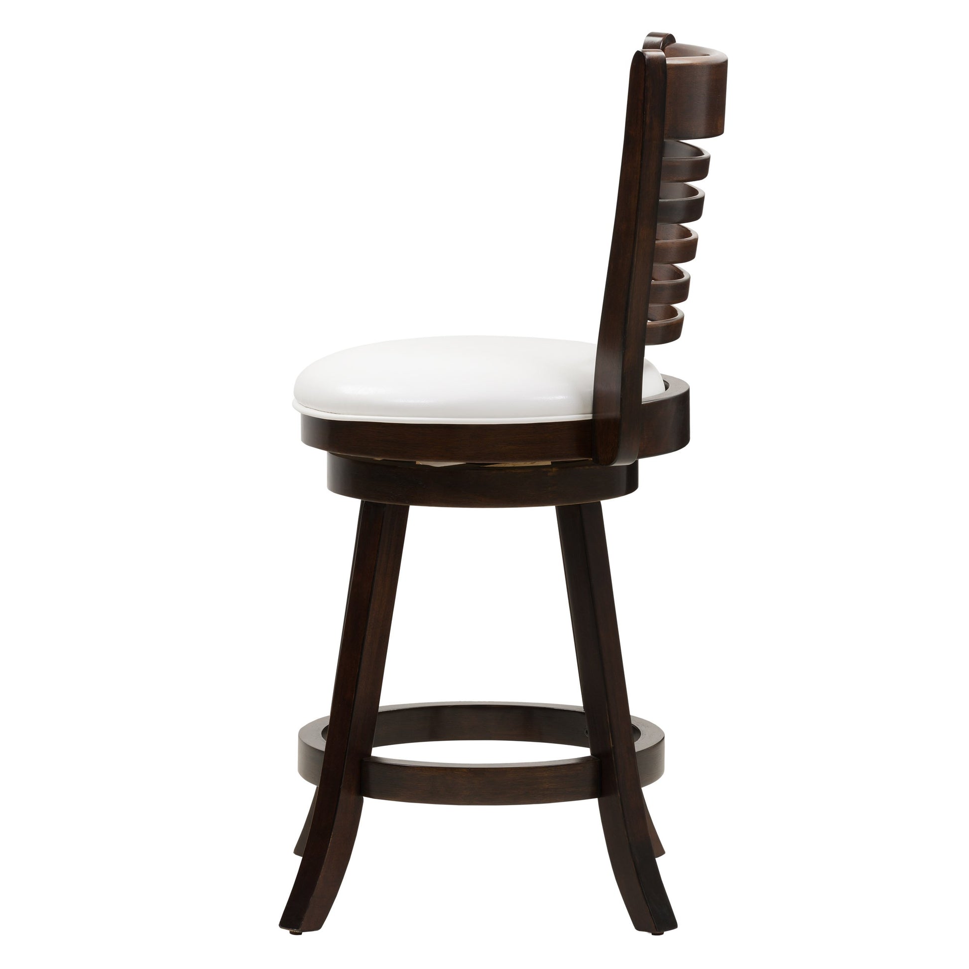 Set of two counter height bar stools with black metal frames, dark walnut wood seats, and backrests featuring sleek, modern design and sturdy construction. Ideal for kitchen islands or home bars.