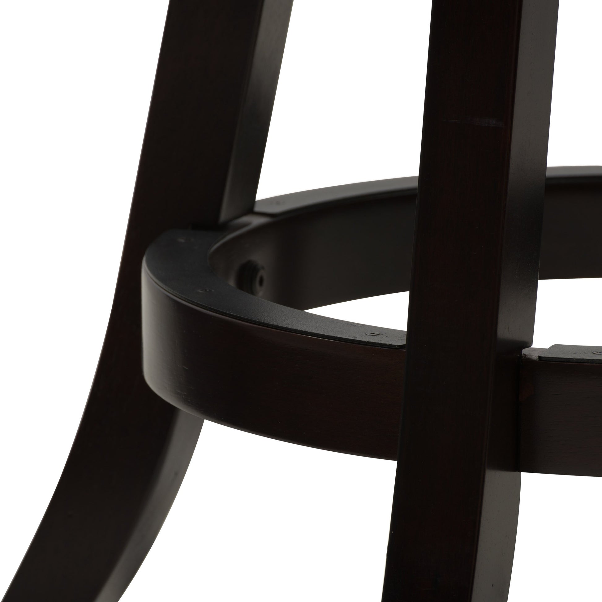 Set of two counter height bar stools with dark brown wooden legs, black cushioned seats, and a sleek, modern design. Ideal for kitchen islands or home bars.