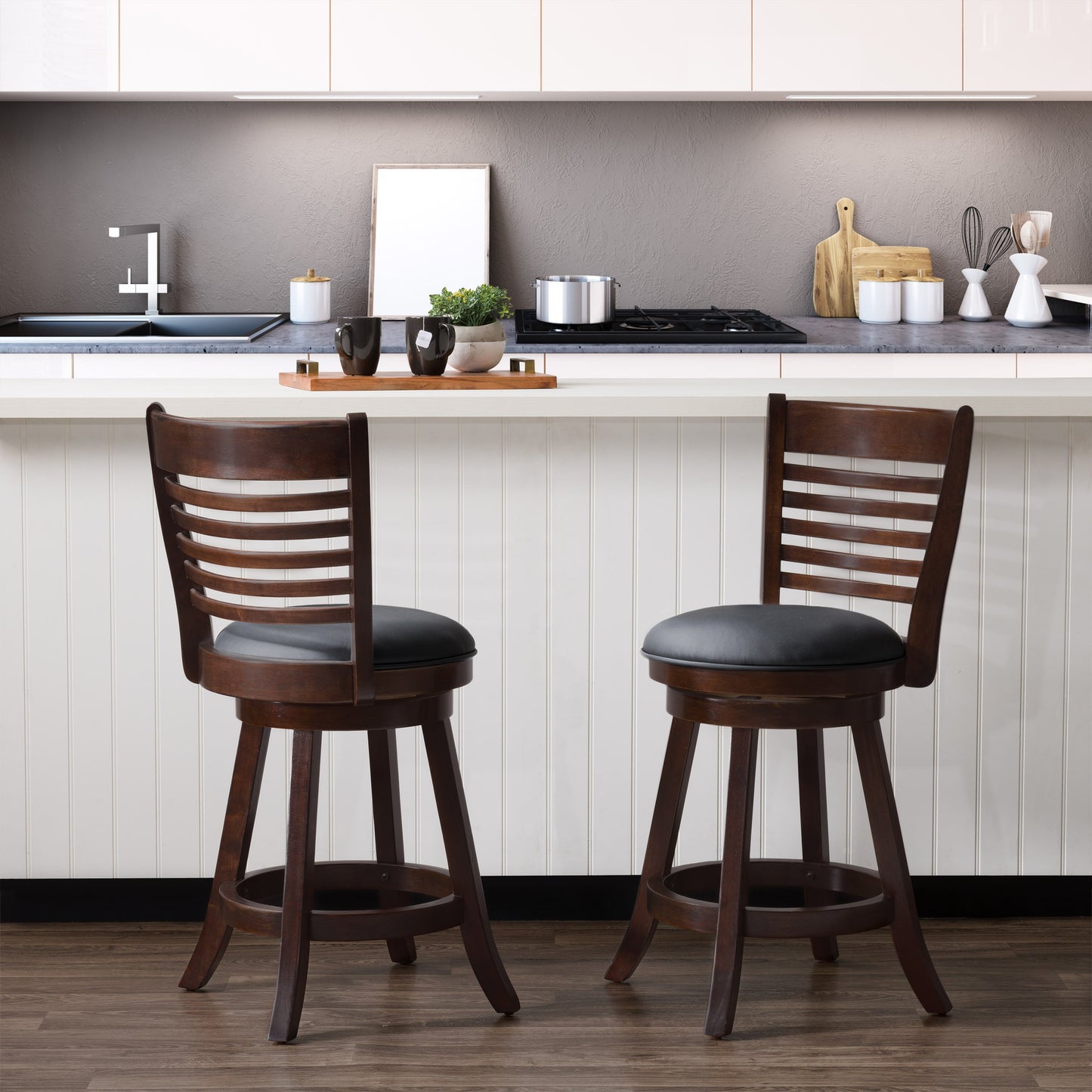 Set of 2 counter height bar stools with dark brown wooden legs, cushioned beige seats, and slatted backrests, perfect for kitchen islands or home bars.
