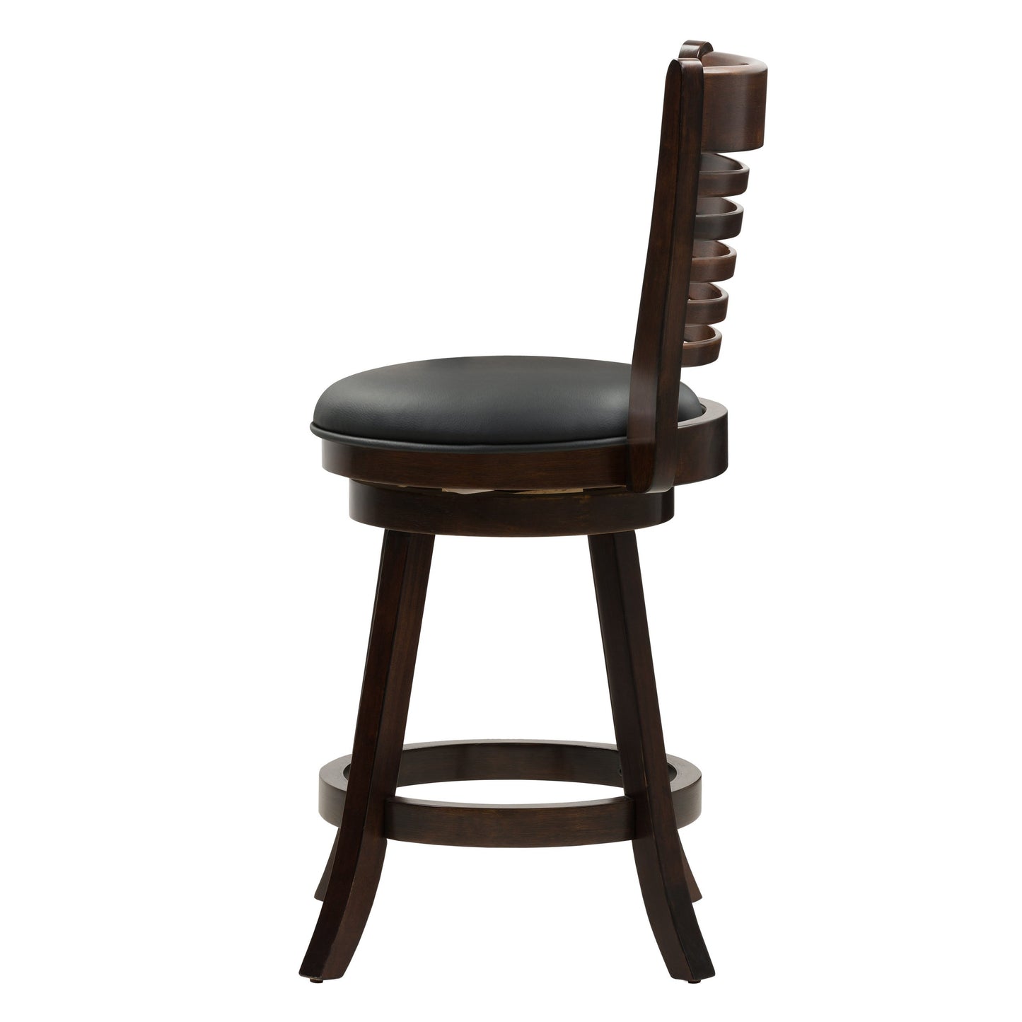 Set of 2 counter height bar stools with brown faux leather seats, black metal frame, and footrest. Modern industrial design ideal for kitchen island or home bar.