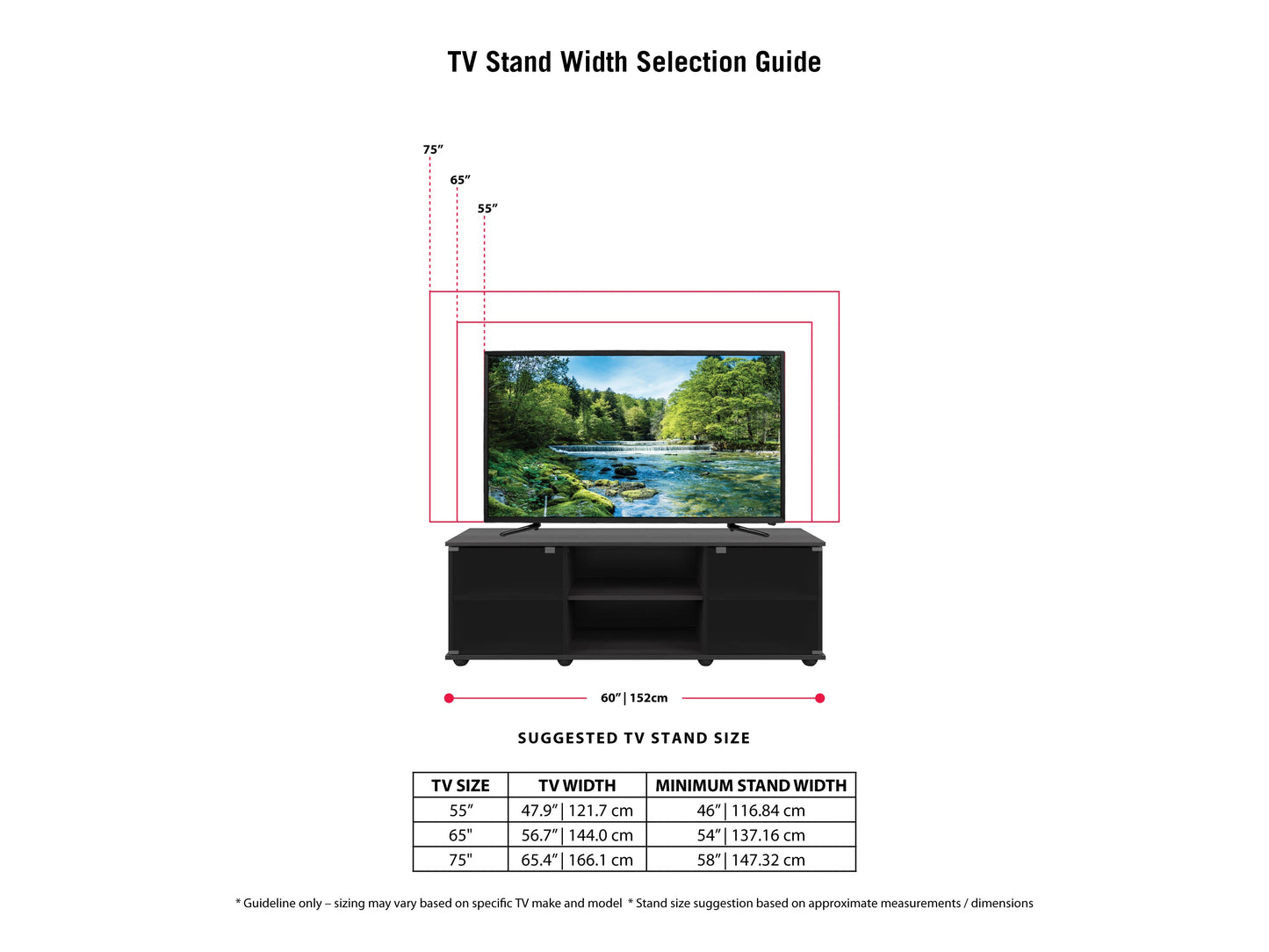 Modern TV stand for TVs up to 75", featuring sleek black finish, glass doors, and open shelving. Ideal for contemporary living rooms, offering ample storage space for media devices and accessories.