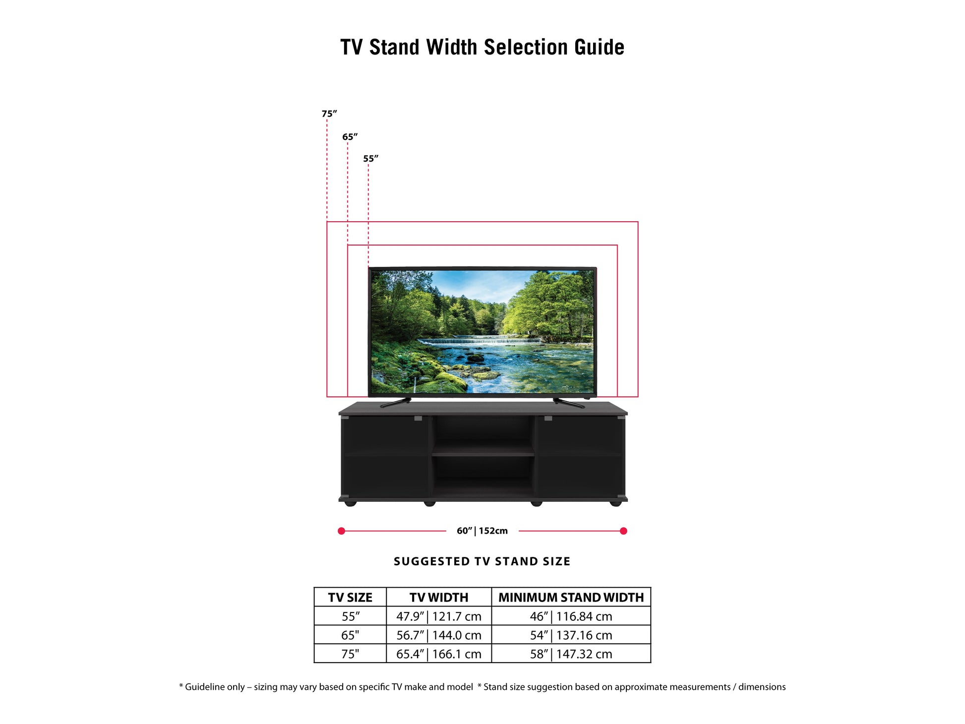 Modern TV stand for TVs up to 75", featuring sleek black finish, glass doors, and open shelving. Ideal for contemporary living rooms, offering ample storage space for media devices and accessories.