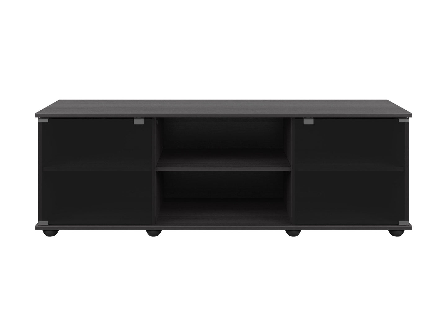 Modern TV stand with glass doors, suitable for TVs up to 75 inches, featuring a sleek black finish, sturdy wooden construction, and ample storage space with adjustable shelves.