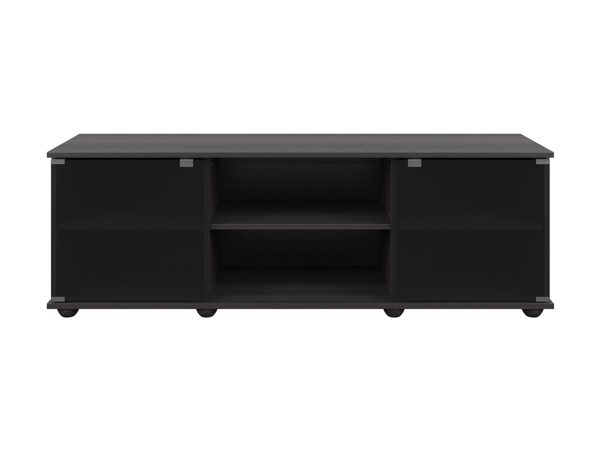 Modern TV stand with glass doors, suitable for TVs up to 75 inches, featuring a sleek black finish, sturdy wooden construction, and ample storage space with adjustable shelves.
