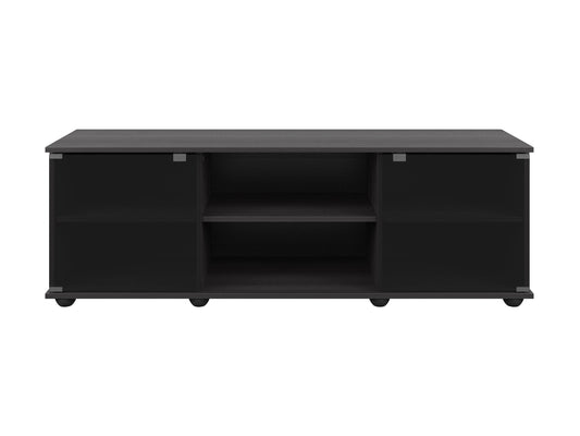 Modern TV stand with glass doors, suitable for TVs up to 75 inches, featuring a sleek black finish, sturdy wooden construction, and ample storage space with adjustable shelves.
