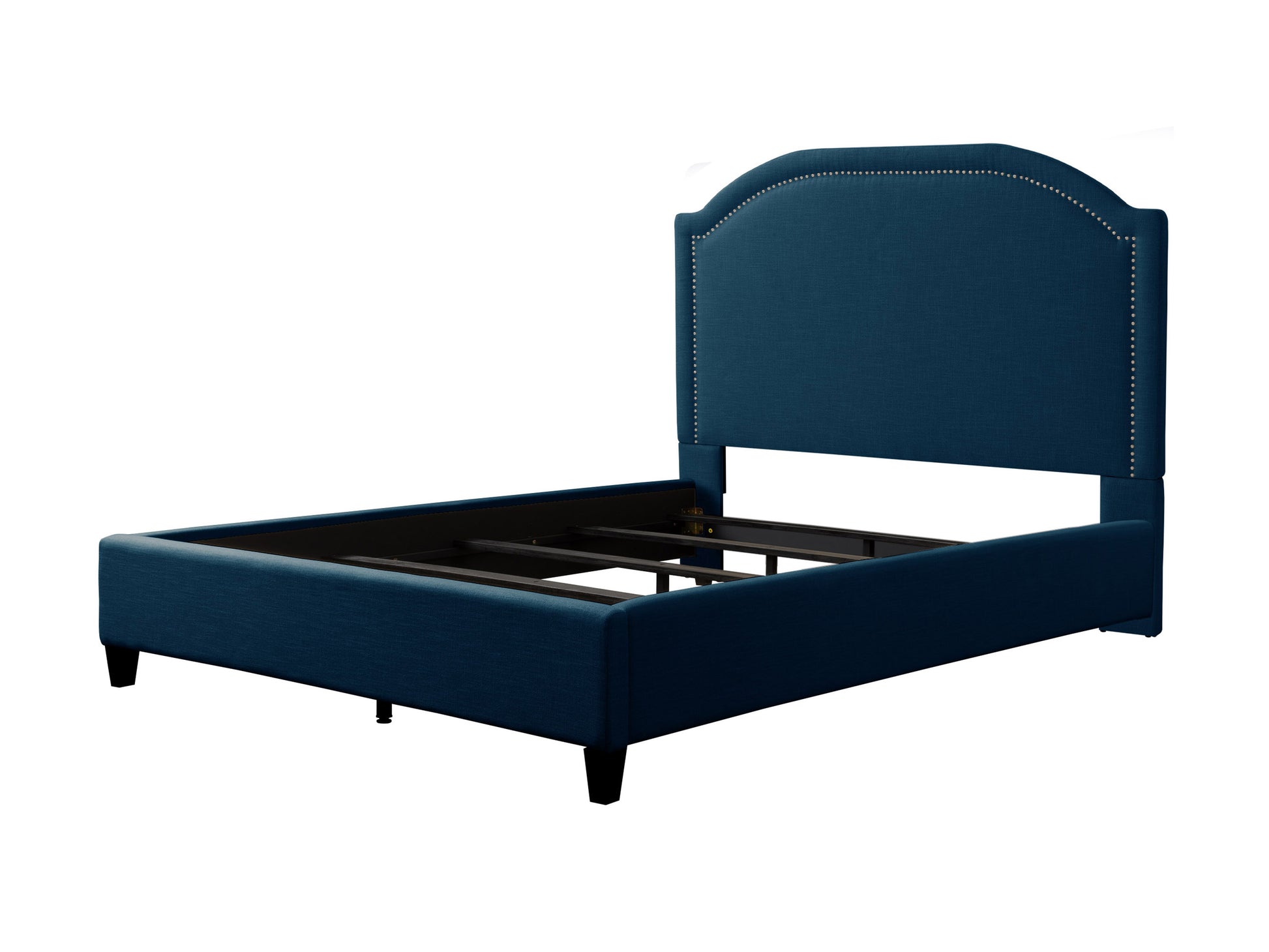 Gray upholstered double bed with tufted headboard, wooden legs, and a modern design. Perfect for contemporary bedroom decor.