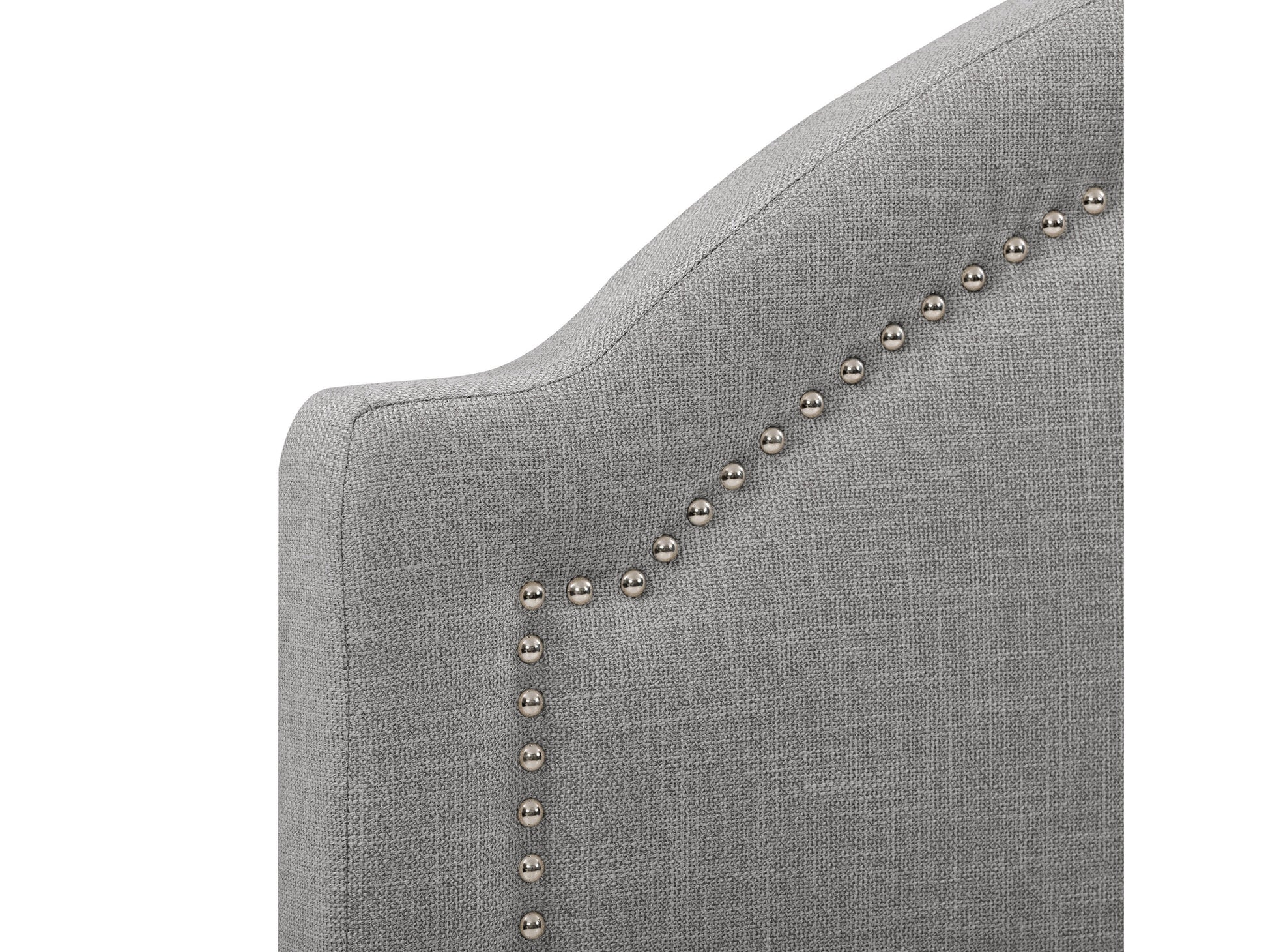 Gray upholstered double bed with tufted headboard, wooden legs, and soft fabric finish. Ideal for modern bedrooms, offering comfort and style.
