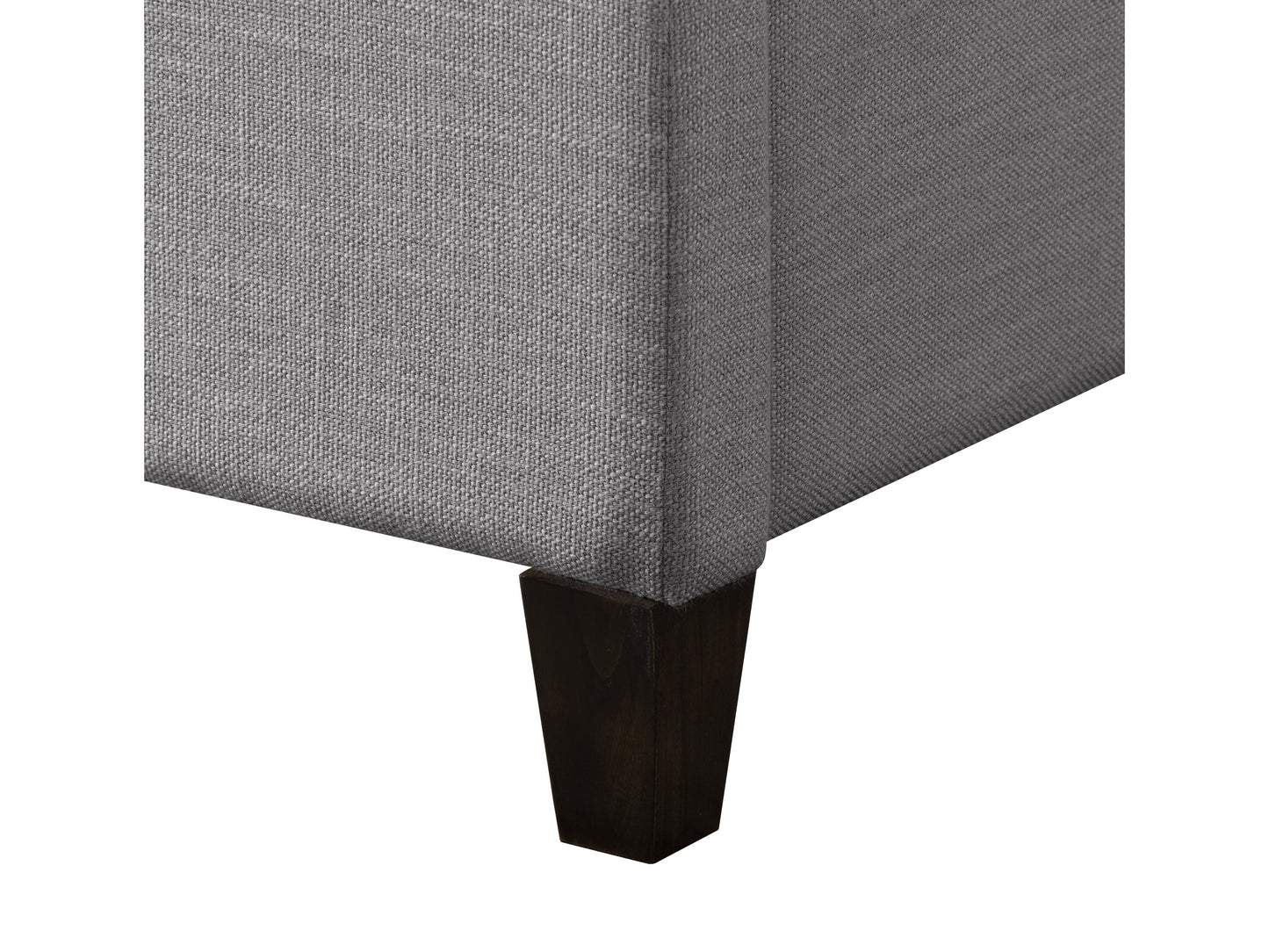 Gray upholstered double/full bed with tufted headboard, wooden legs, and soft fabric finish, perfect for modern bedrooms.