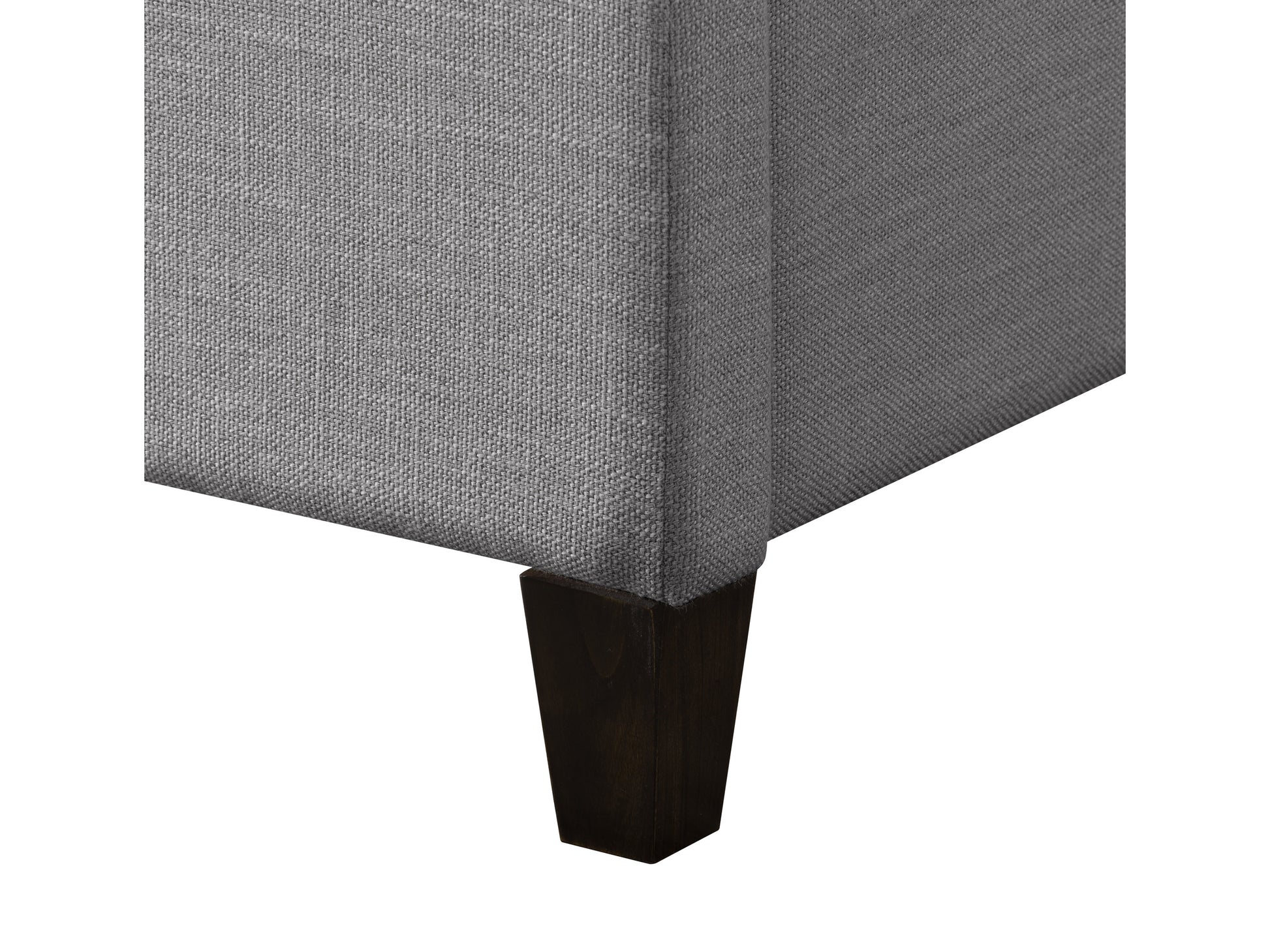 Gray upholstered double/full bed with tufted headboard, wooden legs, and soft fabric finish, perfect for modern bedrooms.