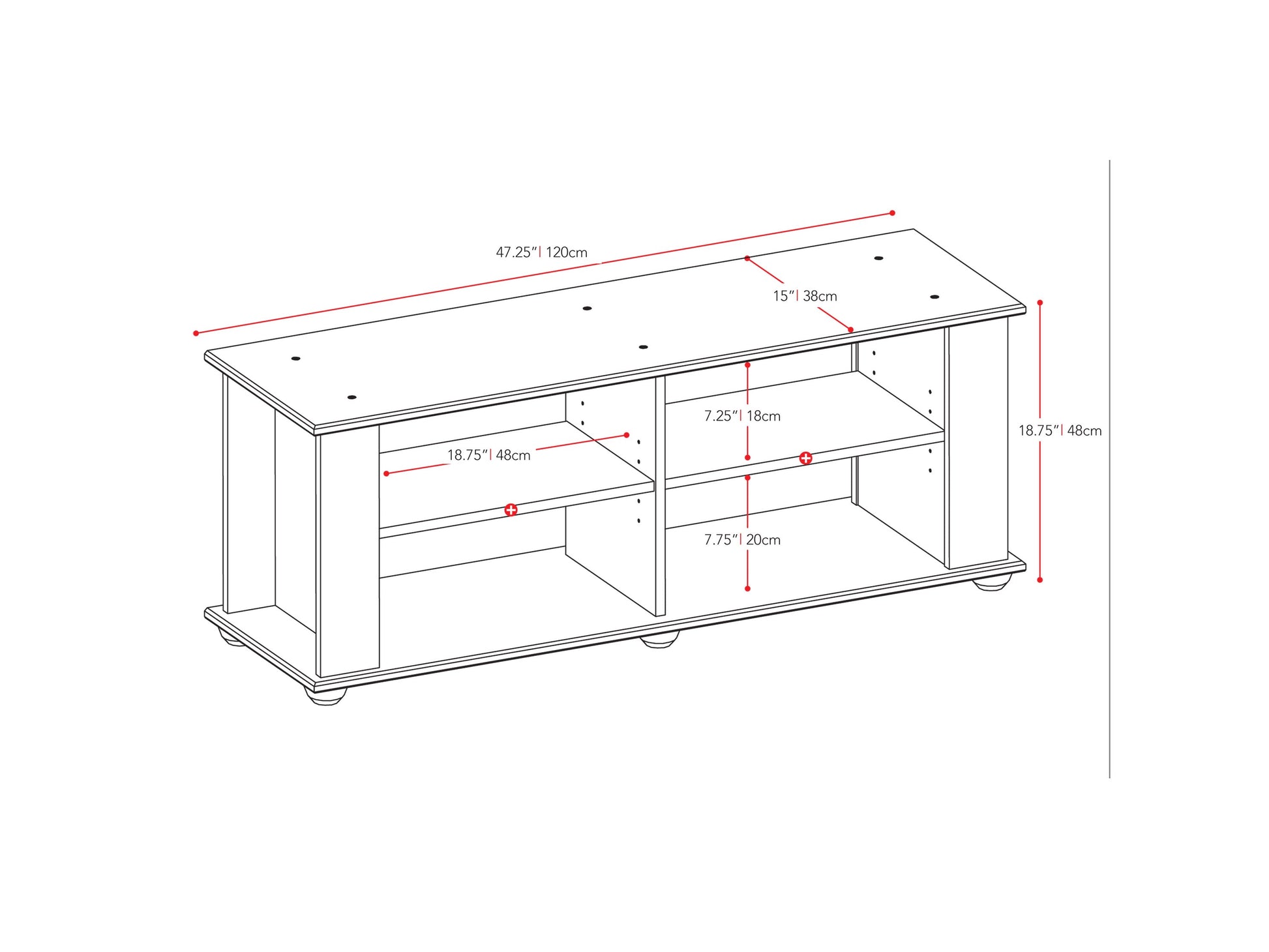 Black wooden TV stand with two open shelves, two cabinets, and silver handles, suitable for TVs up to 55 inches. Sleek, modern design with a matte finish and sturdy construction.