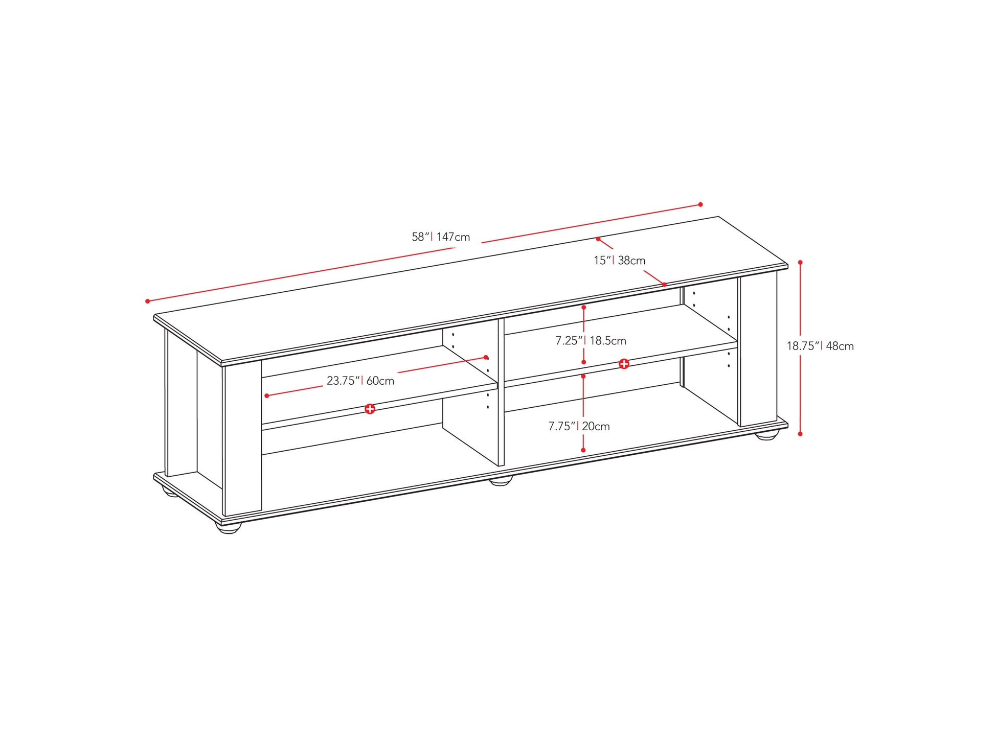 Black wooden TV stand with sleek design, suitable for TVs up to 75 inches, featuring two open shelves and two drawers for storage, with a matte finish and minimalist style.
