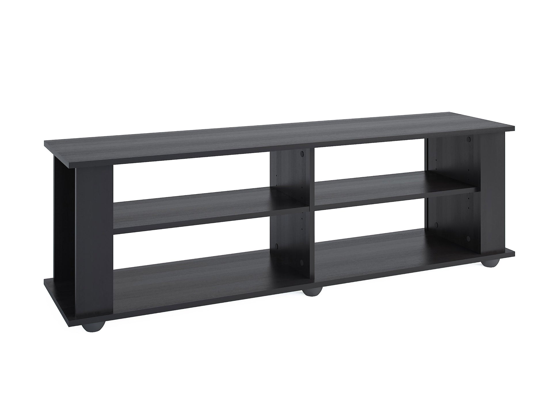 Black wooden TV stand with open shelving and sleek metal handles, suitable for TVs up to 75 inches, featuring a modern design with a smooth finish and ample storage space for electronics and decor.