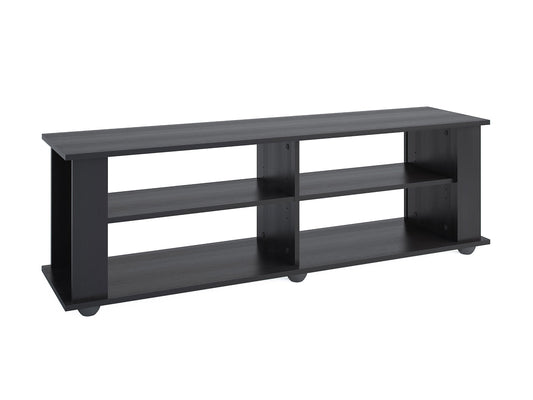Black wooden TV stand with open shelving and sleek metal handles, suitable for TVs up to 75 inches, featuring a modern design with a smooth finish and ample storage space for electronics and decor.