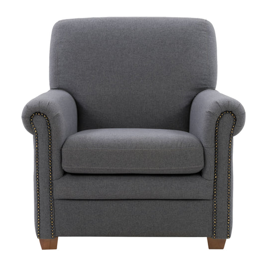Grey fabric arm chair with wooden legs, plush cushioning, and modern design. Ideal for living rooms or offices, this stylish chair combines comfort and elegance.