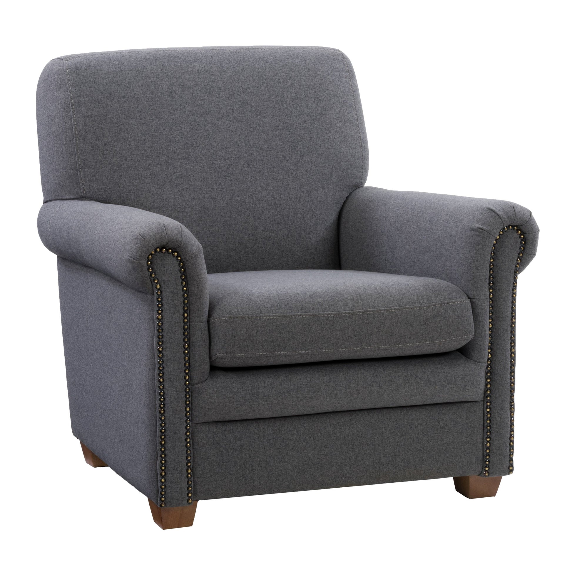 Grey armchair with tufted backrest, wooden legs, and soft fabric upholstery, ideal for living room or office, blending comfort and modern design.