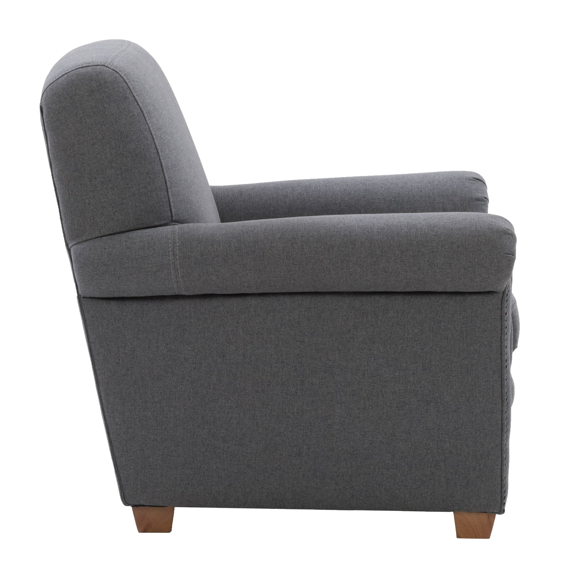 Grey armchair with cushioned seat and backrest, featuring sleek wooden legs and modern design. Ideal for living rooms, offices, or reading nooks.