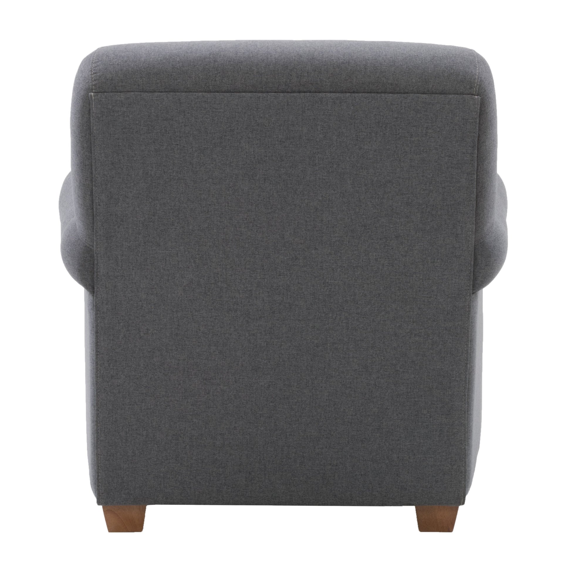 Grey armchair with plush cushioning, sleek wooden legs, and a tufted backrest, perfect for modern living rooms or offices.