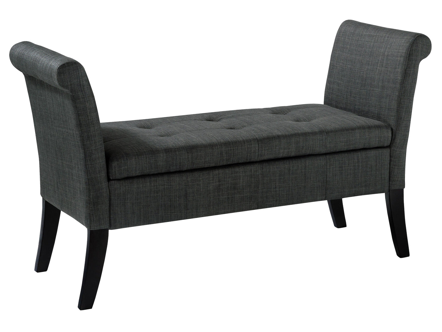 Gray upholstered storage bench with wooden legs, tufted seat, and armrests. Ideal for entryways or bedrooms, offering both seating and storage space. Modern design with neutral tones to match various decor styles.