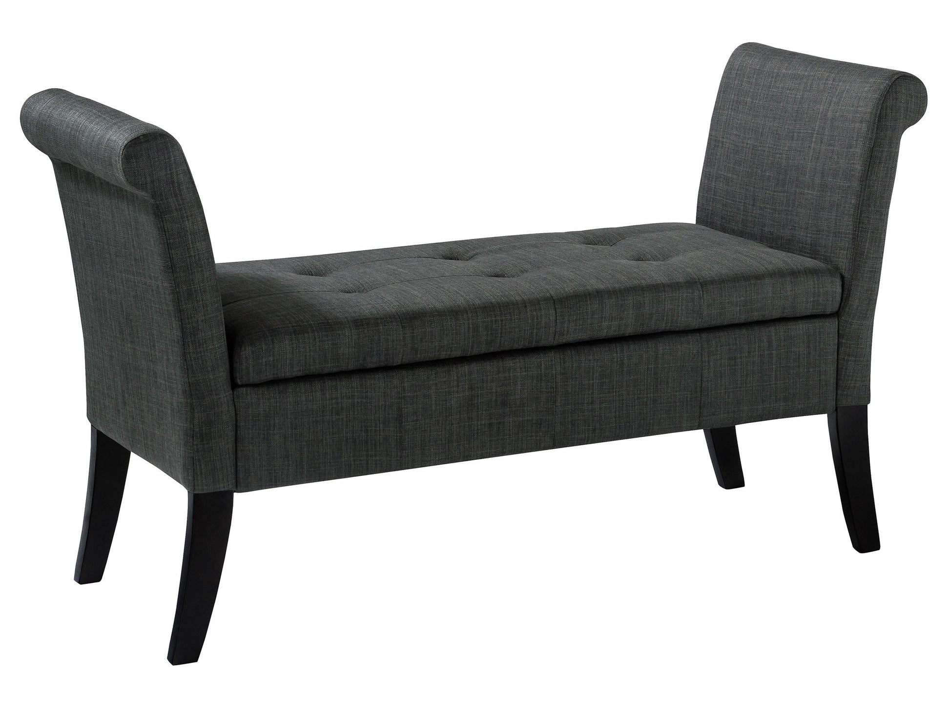 Gray upholstered storage bench with wooden legs, tufted seat, and armrests. Ideal for entryways or bedrooms, offering both seating and storage space. Modern design with neutral tones to match various decor styles.