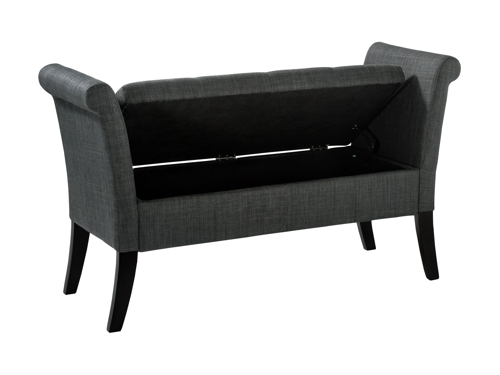 Light gray storage bench with arms, featuring a cushioned seat, tufted backrest, wooden legs, and built-in storage compartment, perfect for entryways or bedrooms.
