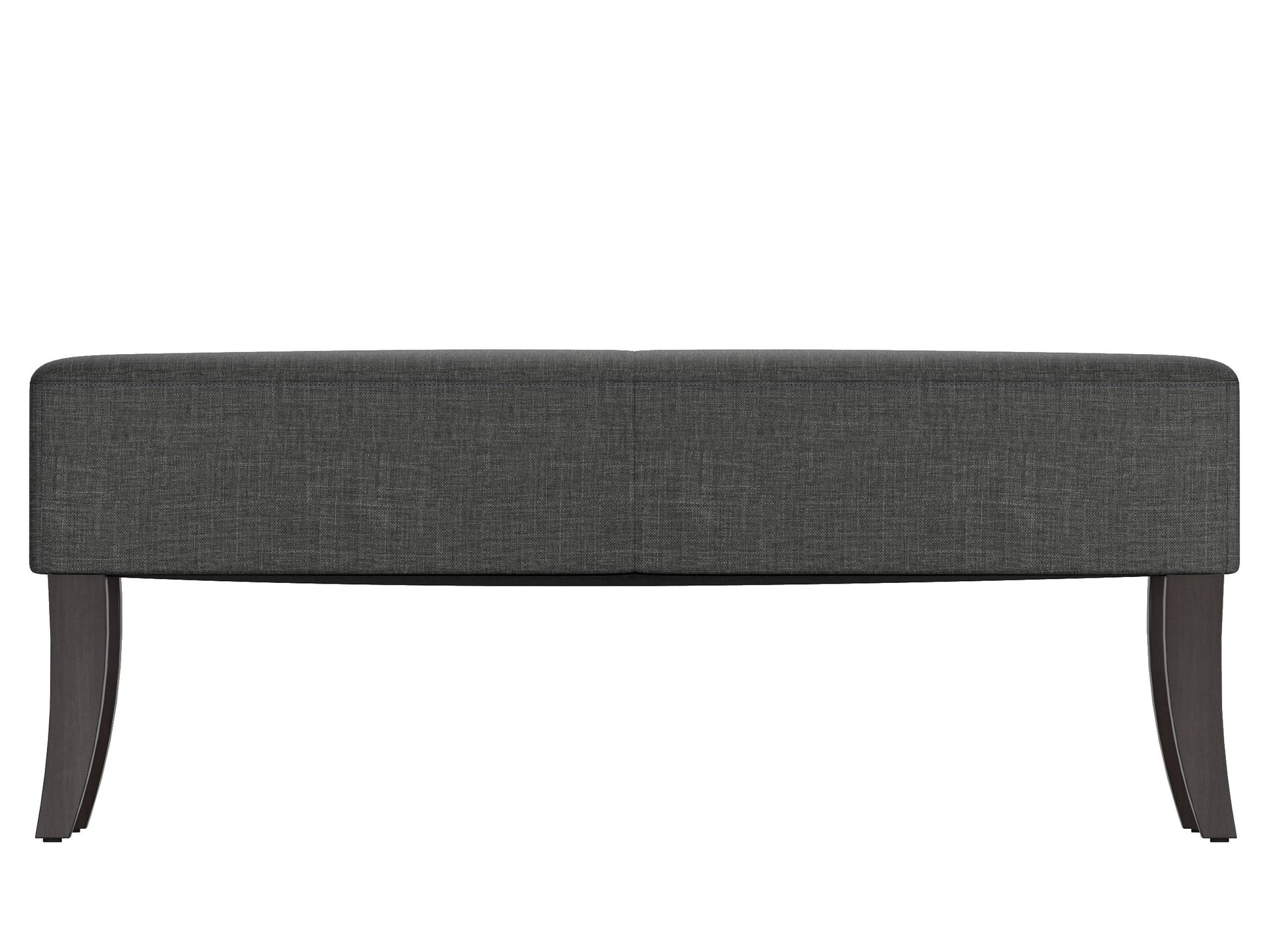 Gray upholstered bench with wooden legs, featuring a tufted cushion and sleek modern design, perfect for entryways or living rooms.