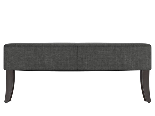 Gray upholstered bench with wooden legs, featuring a tufted cushion and sleek modern design, perfect for entryways or living rooms.