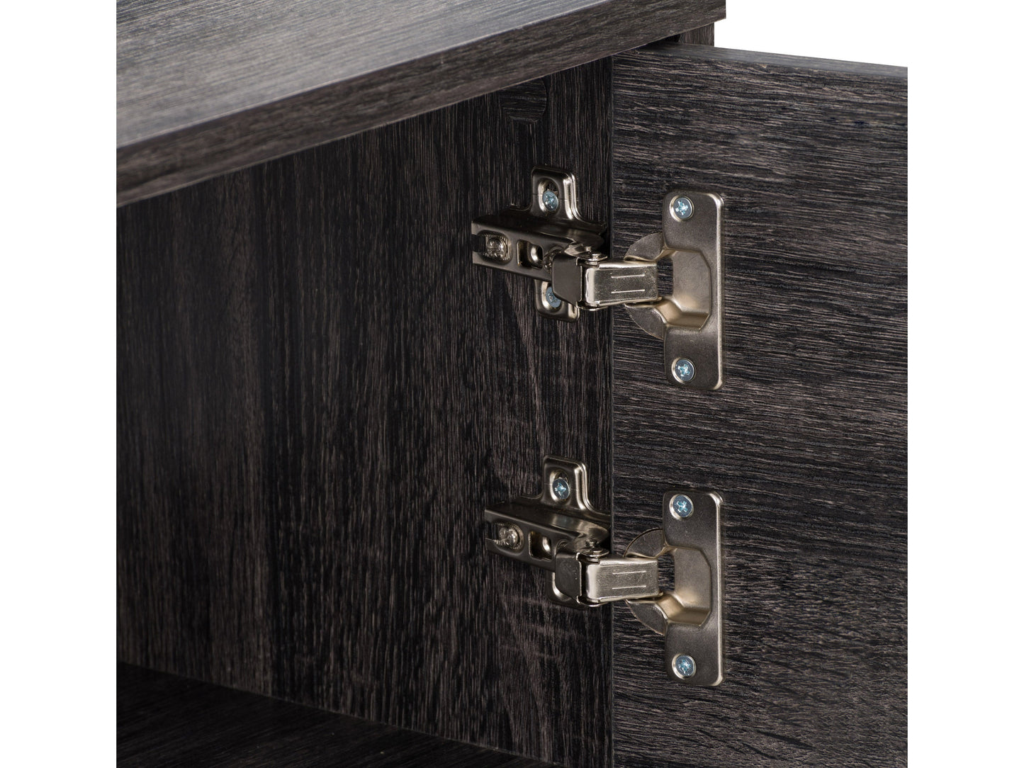 Mid Century Modern TV stand for TVs up to 85 inches, featuring a sleek walnut finish, open shelving, and two sliding doors with a textured front for stylish storage.