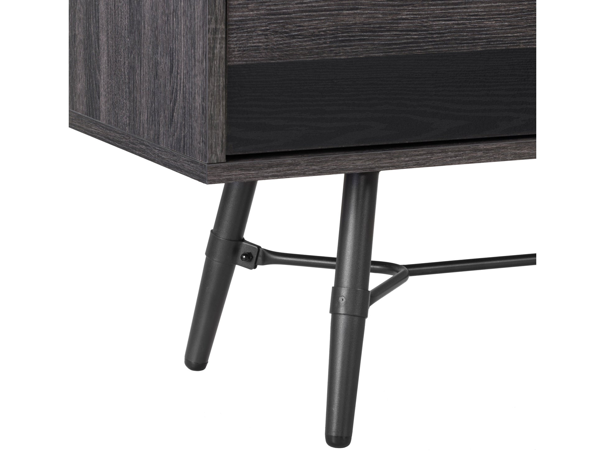 Mid-century modern TV stand for TVs up to 85 inches, featuring a sleek walnut finish, two sliding doors with vintage-inspired metal handles, open shelving, and tapered legs for a stylish and functional living room piece.