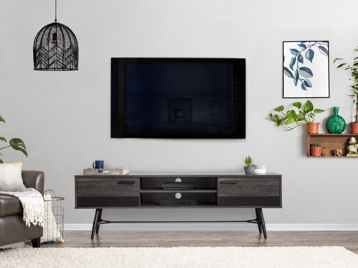 Mid-century modern TV stand for TVs up to 85 inches, featuring a sleek walnut finish, gold metal legs, and two sliding doors with a geometric pattern for stylish storage.
