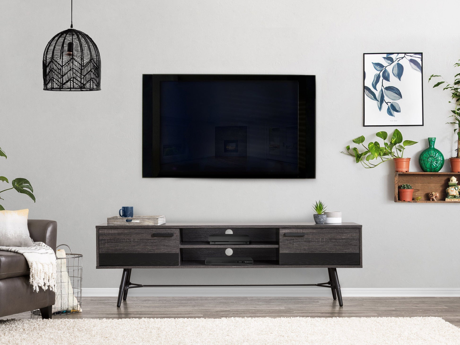 Mid-century modern TV stand for TVs up to 85 inches, featuring a sleek walnut finish, gold metal legs, and two sliding doors with a geometric pattern for stylish storage.