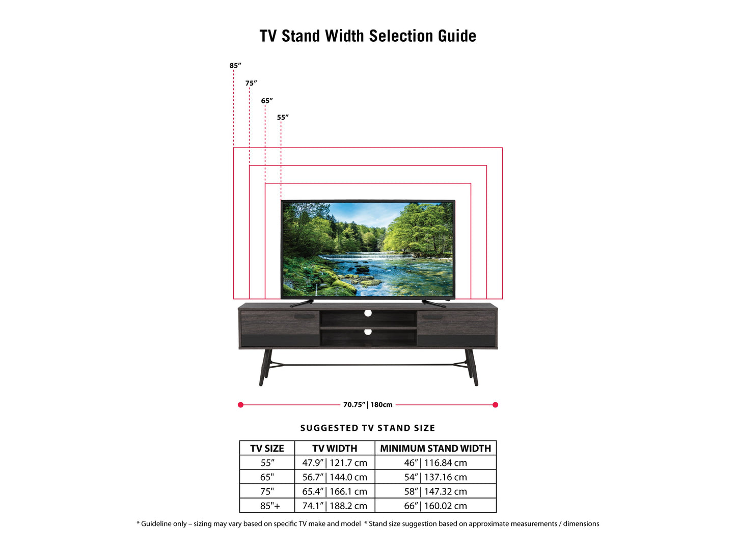 Mid Century Modern TV Stand for TVs up to 85 inches, featuring a walnut wood finish, sleek white cabinet doors, tapered legs, and open shelving for storage and display.