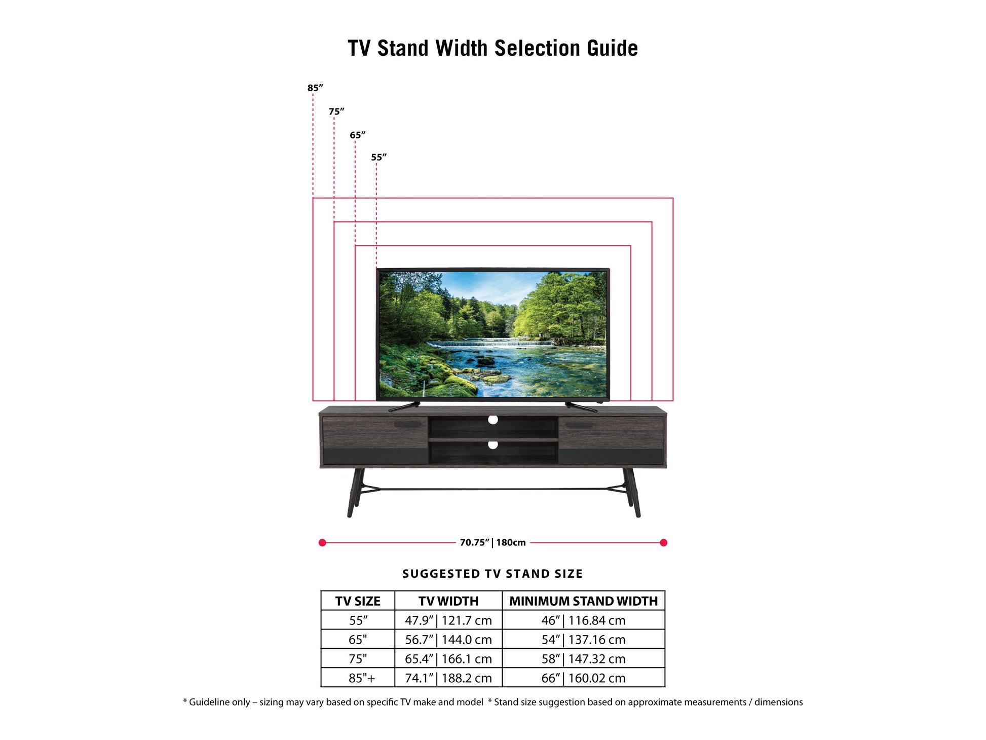 Mid Century Modern TV Stand for TVs up to 85 inches, featuring a walnut wood finish, sleek white cabinet doors, tapered legs, and open shelving for storage and display.