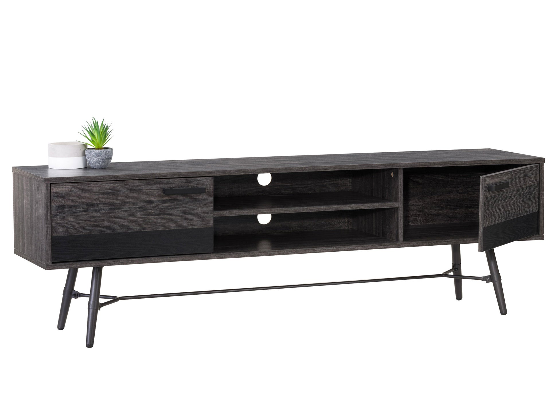 Mid-century modern TV stand with walnut finish, tapered legs, and sliding doors, designed for TVs up to 85 inches. Features open shelving and a sleek minimalist design perfect for contemporary living rooms.