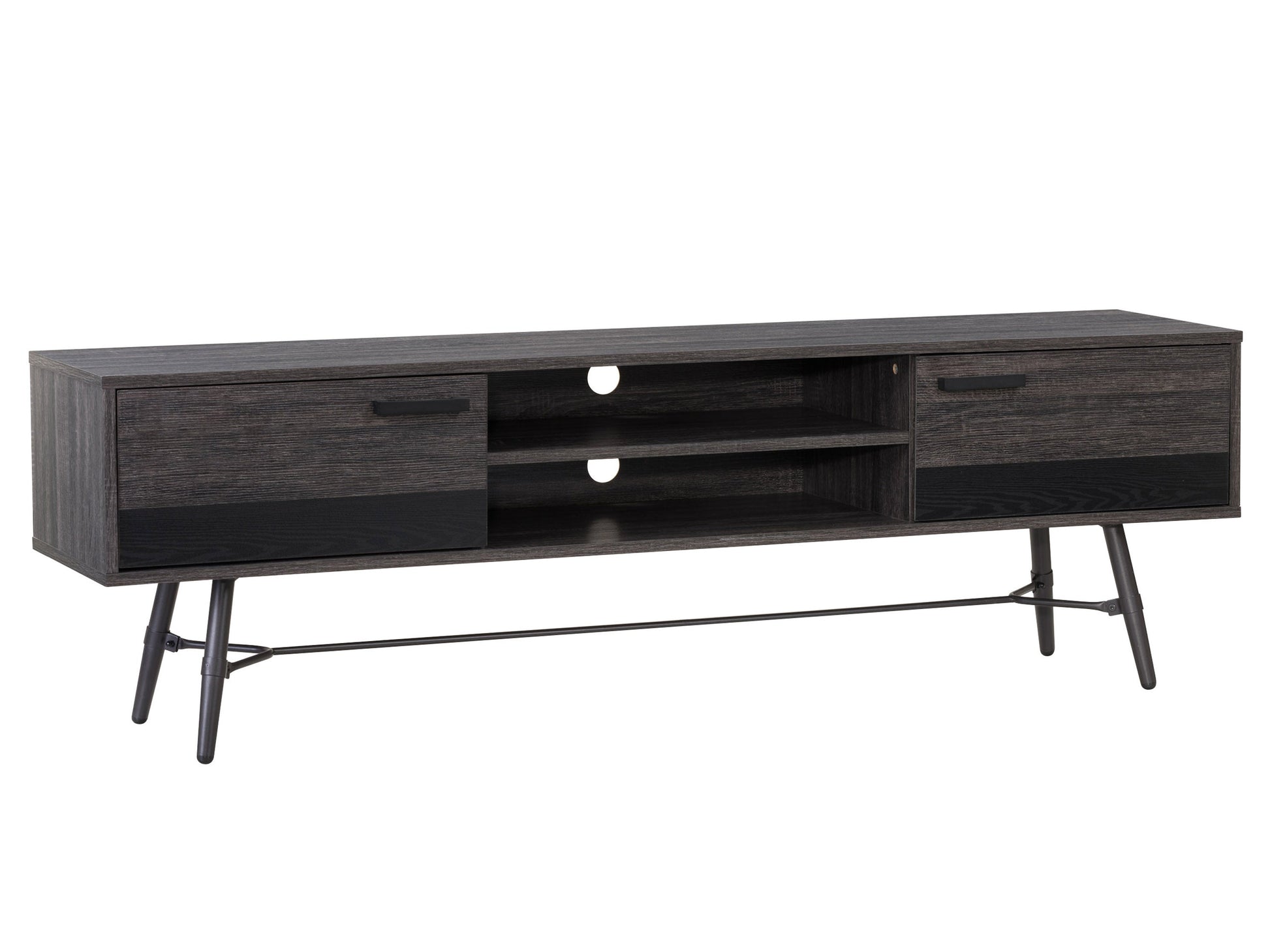 Mid-century modern TV stand for TVs up to 85 inches, featuring a natural wood finish, sleek white drawers, and open shelving for storage.