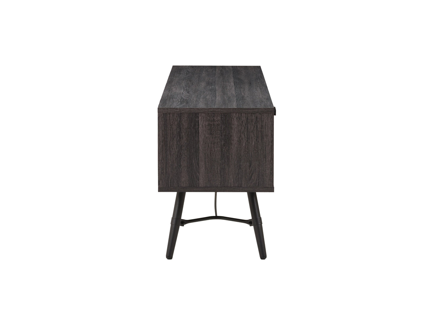 Mid-century modern TV stand for TVs up to 85 inches, featuring a sleek walnut finish, clean lines, tapered legs, and open shelving for media storage.