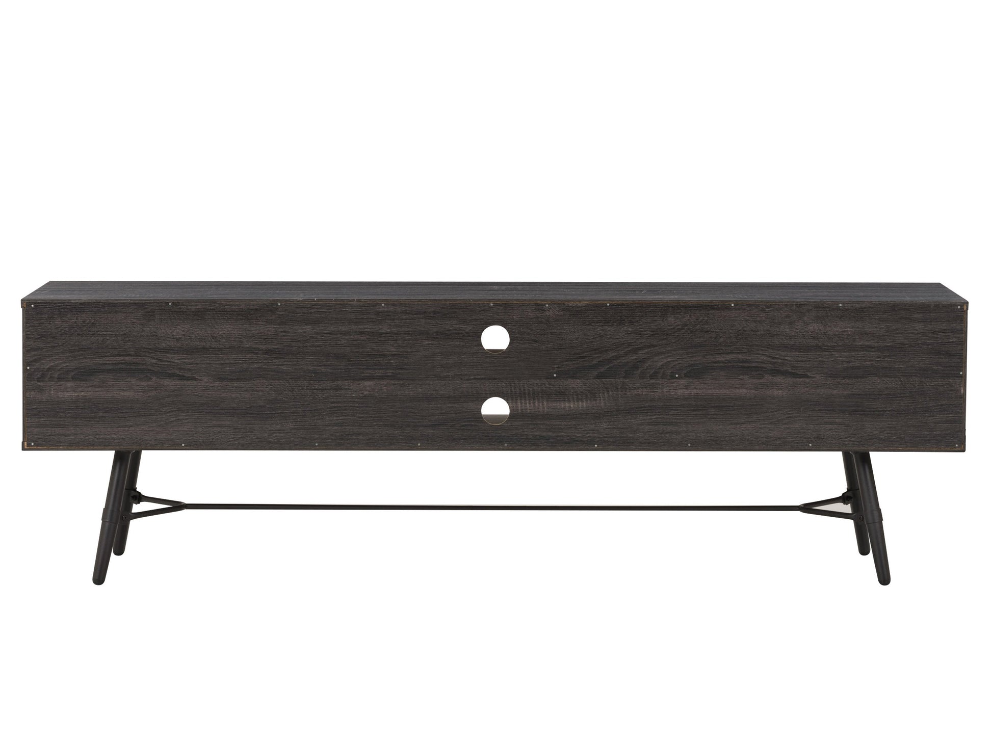 Mid-century modern TV stand for TVs up to 85 inches, featuring a walnut wood finish, sleek black metal legs, two sliding doors, and open shelving for storage.