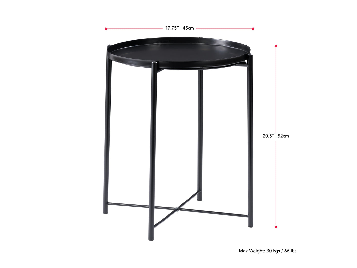 Black metal side table with a round wooden top, sleek black frame, and minimalist design, perfect for modern living rooms or bedrooms.