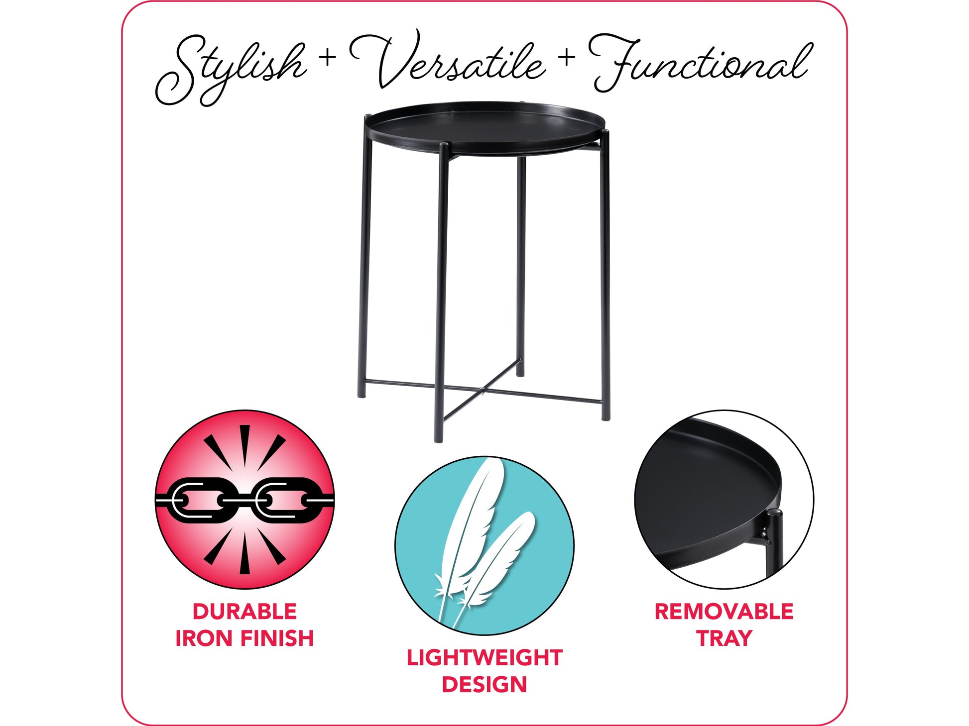 Black metal side table with a sleek, round top and sturdy, minimalist frame, perfect for modern living rooms or bedrooms.