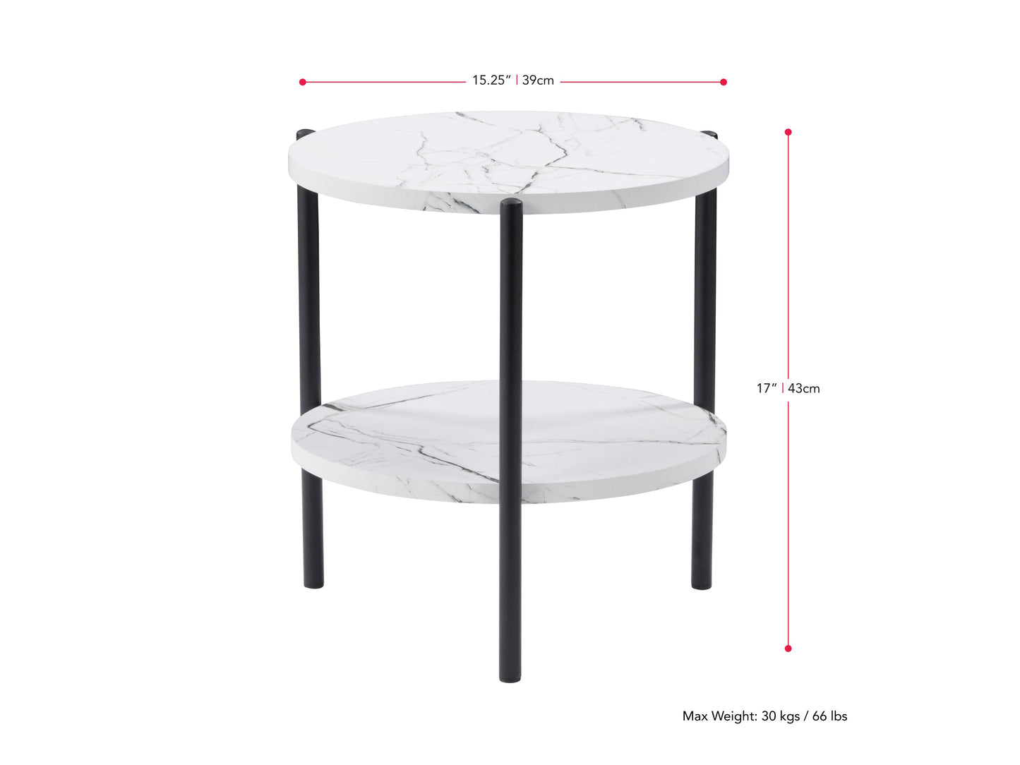 Round two-tier side table with a black metal frame, light wood shelves, and a minimalist design perfect for modern living rooms or bedrooms.