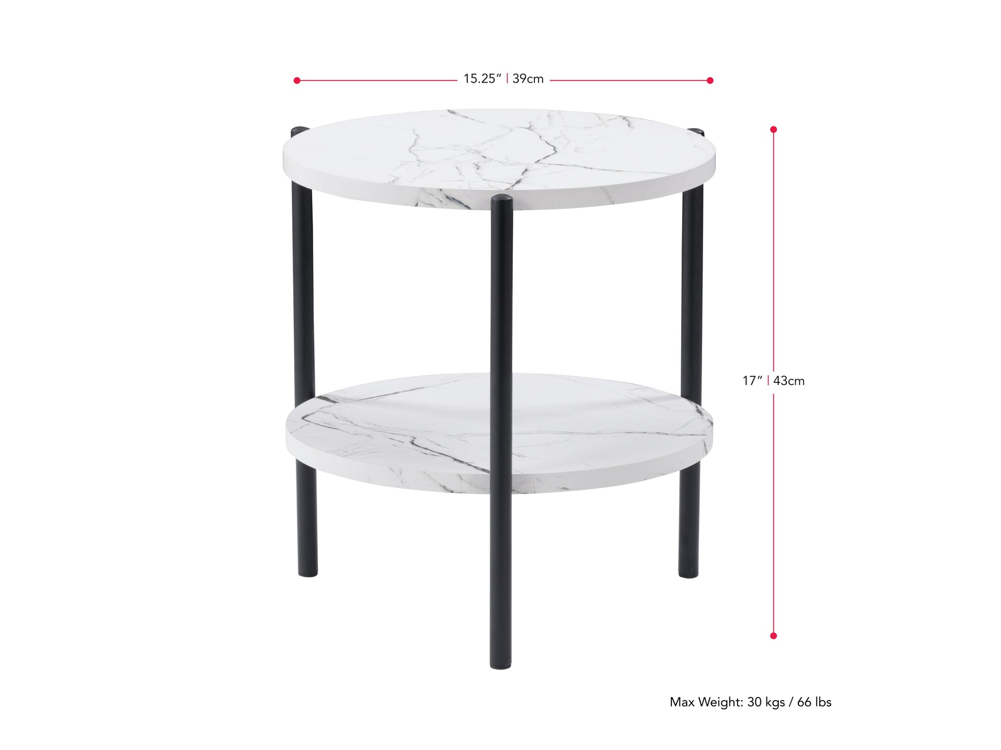Round two-tier side table with a black metal frame, light wood shelves, and a minimalist design perfect for modern living rooms or bedrooms.