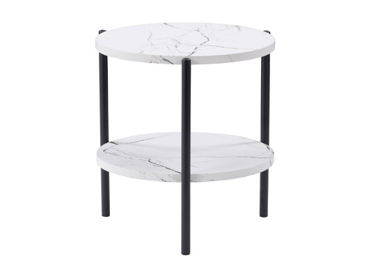 Round two-tier side table with a sleek gold metal frame and white marble shelves, perfect for modern living rooms or bedrooms.