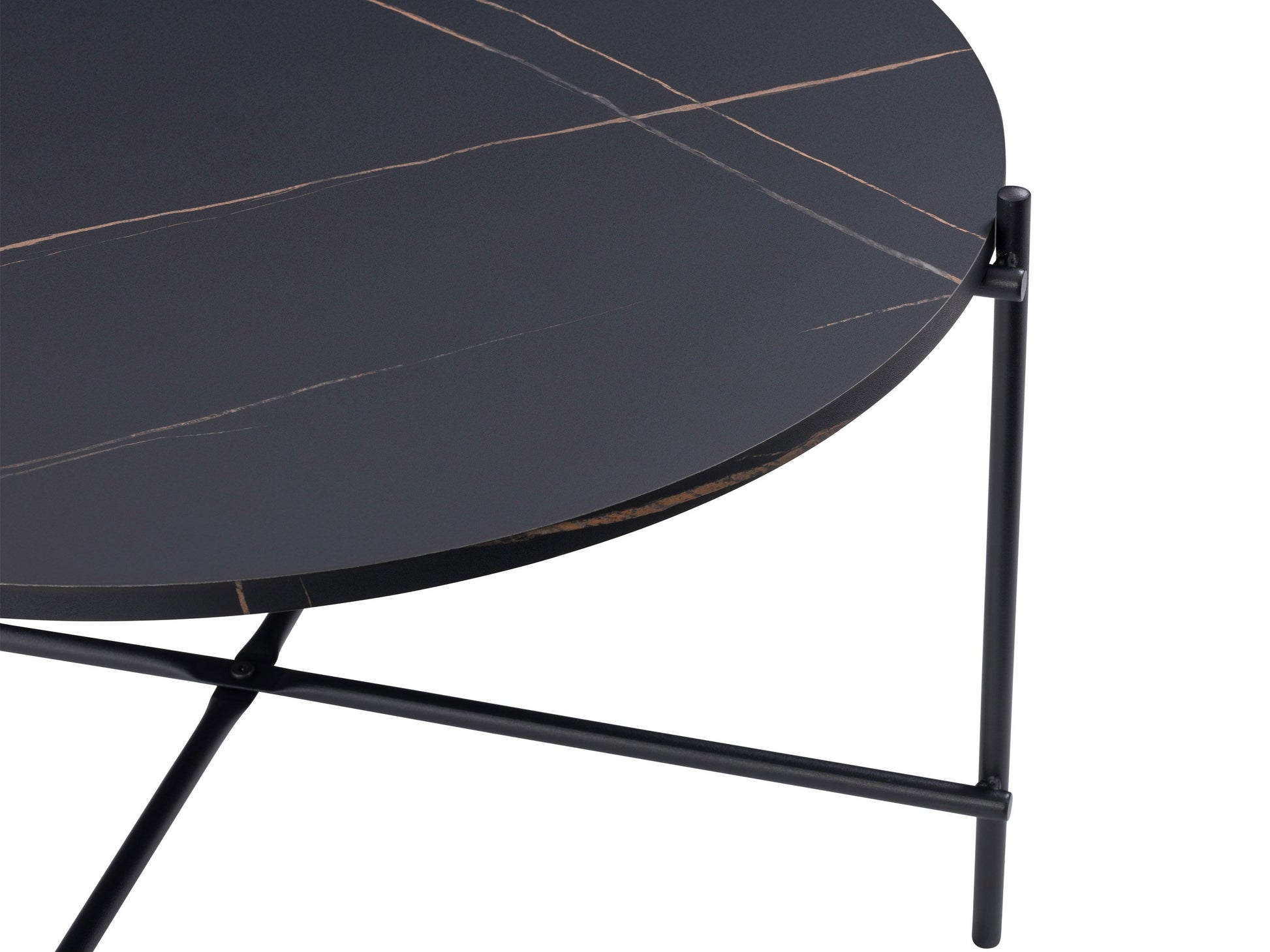Black round coffee table with a sleek metal frame and tempered glass top, featuring a minimalist design and modern aesthetic, perfect for contemporary living rooms.