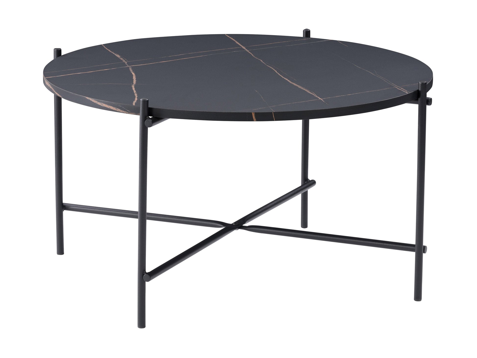 Black round coffee table with sleek metal legs and a smooth, matte finish, perfect for modern living rooms.