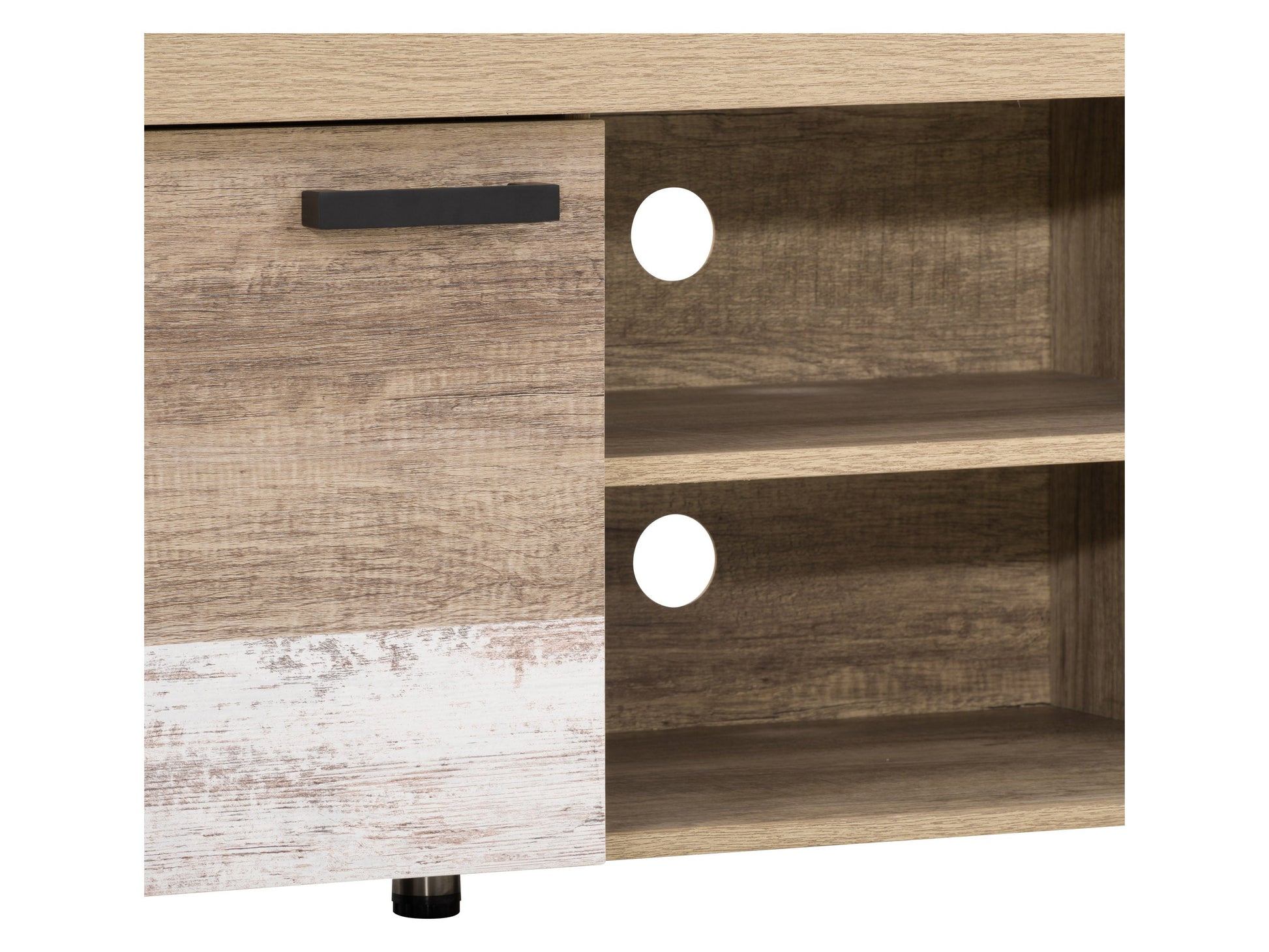 Modern TV stand with doors, fits TVs up to 95 inches, features sleek black finish, gold metal accents, and textured wood grain, offering ample storage with two cabinets and open shelving for media equipment.