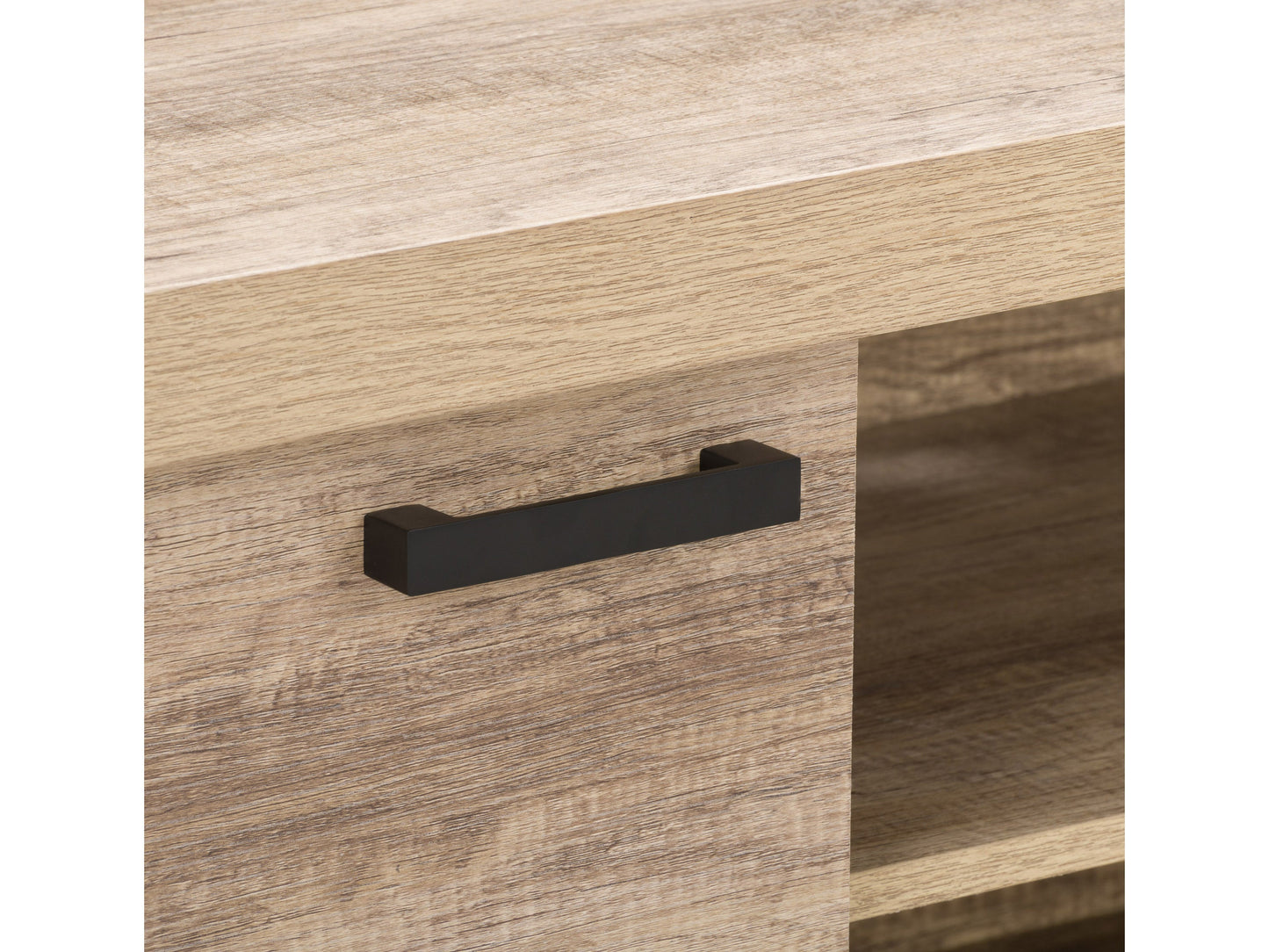 Modern TV stand with a sleek black finish, featuring two closed cabinet doors, open shelving, and a sturdy wooden base, designed to support TVs up to 95 inches.