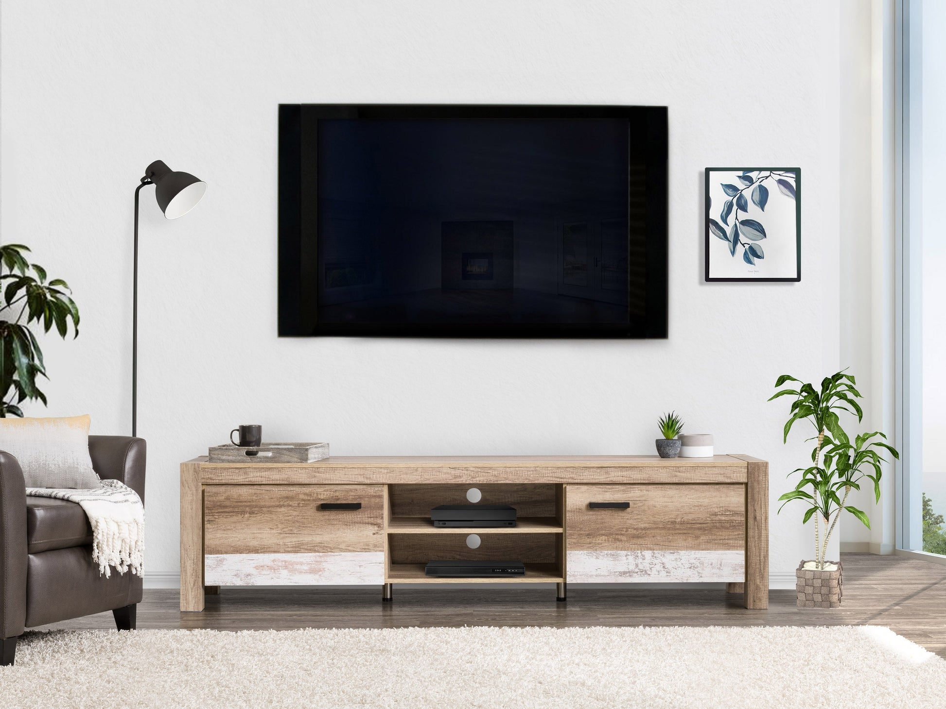 Modern TV stand for TVs up to 95 inches, featuring a sleek black finish with natural wood accents, two closed cabinets with vertical slats, and an open central shelf for media devices.