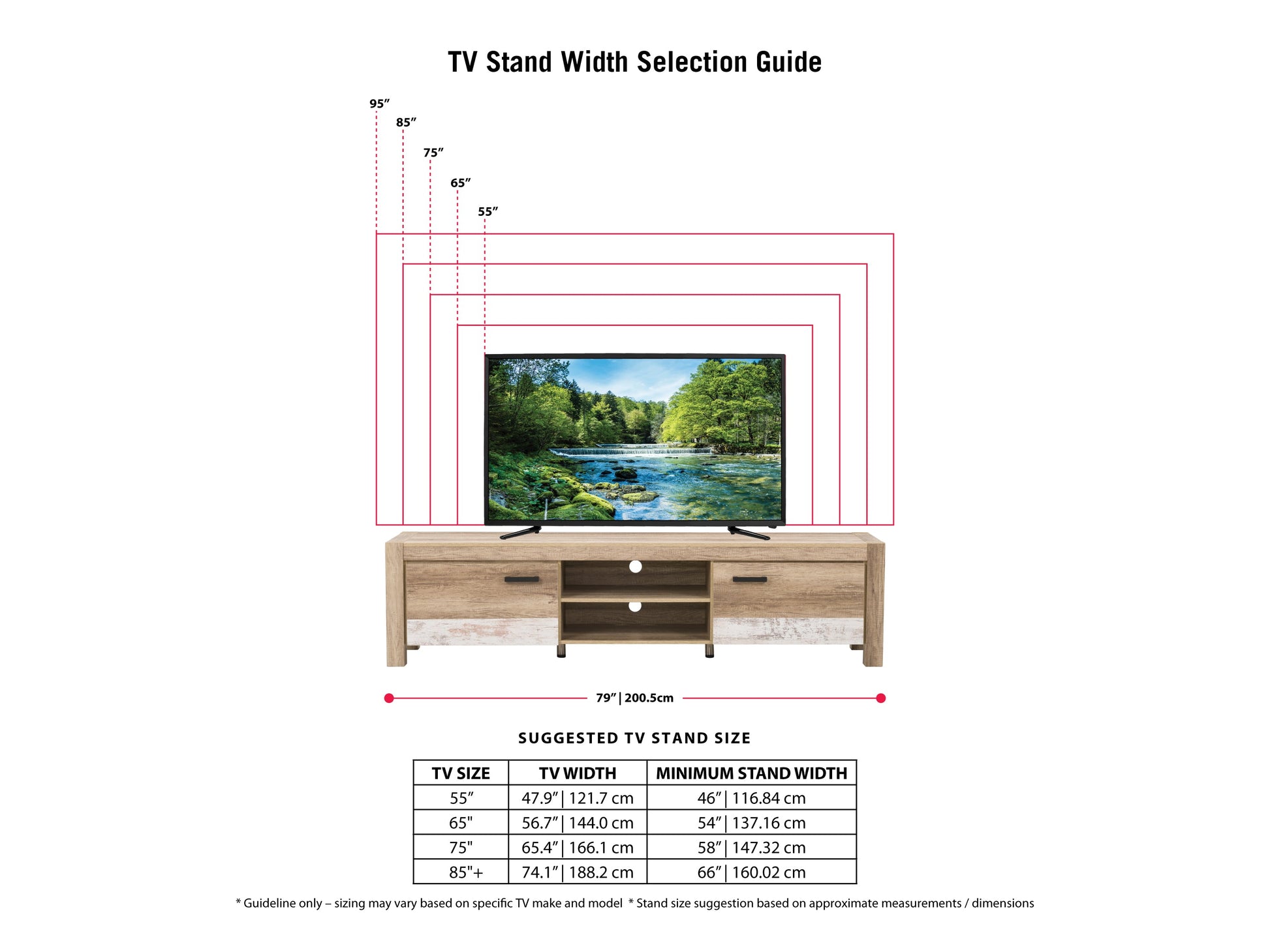 Modern TV stand with doors, fits TVs up to 95 inches, featuring a sleek white finish with natural wood accents, minimalist design, ample storage space, and cable management system.