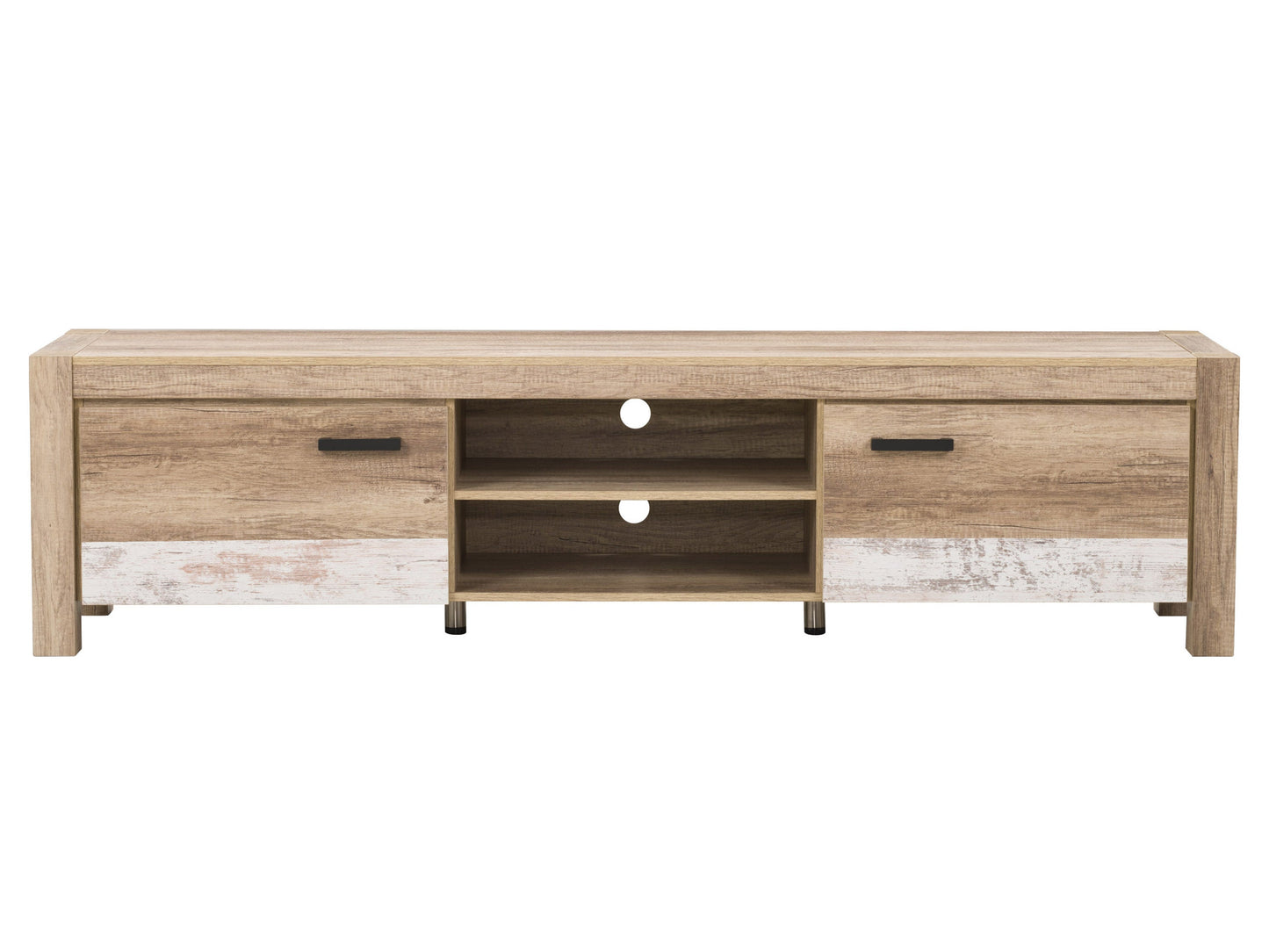 Modern TV stand with doors, fits TVs up to 95 inches, featuring a sleek black finish, wooden accents, and minimalist design with ample storage space and cable management for a clean, organized look.