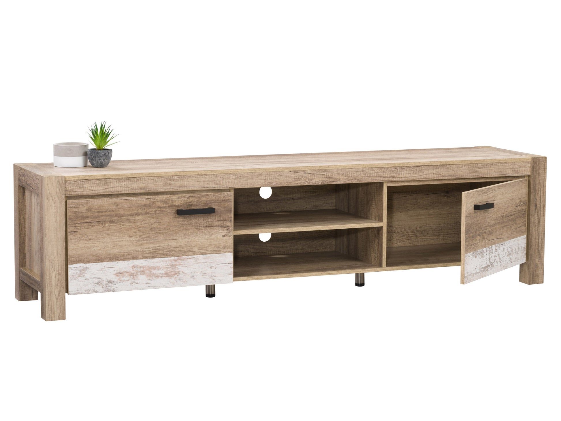 Modern TV stand for TVs up to 95 inches, featuring sleek white doors, walnut wood finish, minimalist design, ample storage space, and sturdy metal legs.