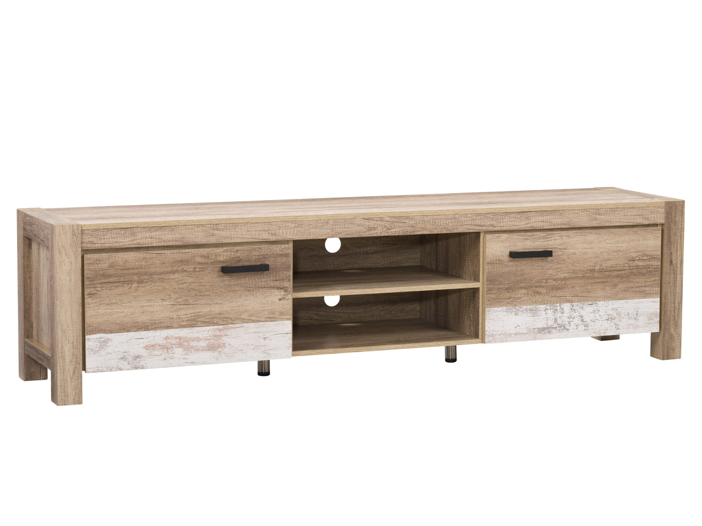Modern TV stand with doors for TVs up to 95 inches, featuring a sleek black finish, sturdy wooden construction, minimalist design, and ample storage space with closed compartments and open shelves.